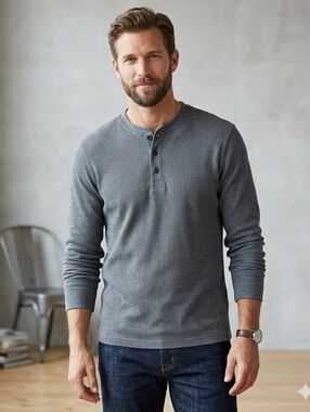 L.L. Bean Men's Grey Henley Shirt Long Sleeve  L Cotton Reg Cabincore Camping